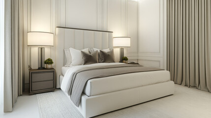 A luxurious modern bedroom featuring a comfortable single bed with a quality mattress, bright and inviting lighting, white walls, and bedside tables adorned with stylish lamps