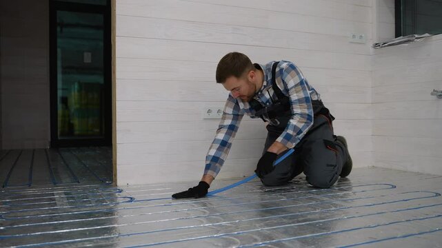 Worker installing underfloor heating in modular home