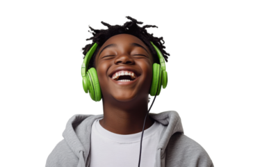 Joyful African American teenager listening to music with green headphones on a transparent background, expressing happiness and positive emotions Concept of youth, music, and technology