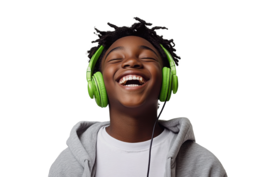 Joyful African American teenager listening to music with green headphones on a transparent background, expressing happiness and positive emotions Concept of youth, music, and technology