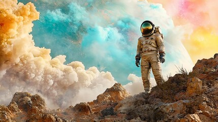 Obraz premium International Day of Human Space Flight Astronaut explores alien landscape with color.
