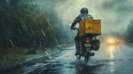 A dramatic image of a motorbike courier braving heavy rain on a wet road, showcasing resilience and focus amidst challenging conditions. AI generated.