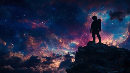 Obraz premium International Day of Human Space Flight Astronaut standing on rock, gazing at galaxy.
