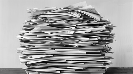 Large stack of disorganized papers on a wooden table.