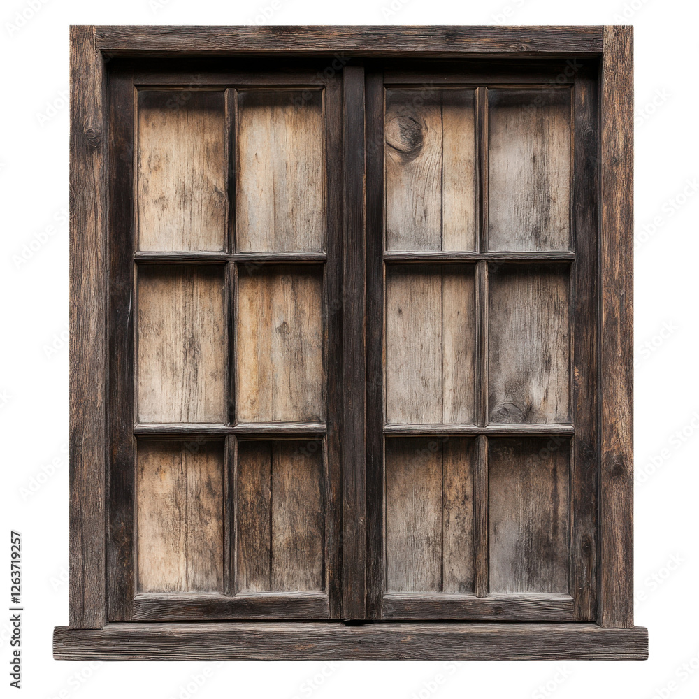 Poster rustic wooden window with closed shutters on a transparent background, showcasing weathered texture 