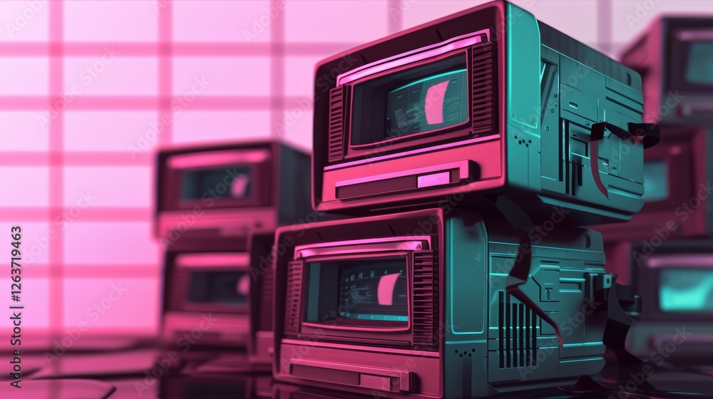Poster a visually captivating scene featuring stacked retro-inspired devices with neon highlights, set agai