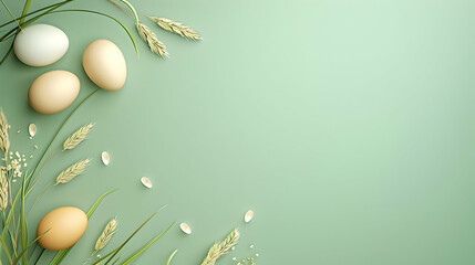 Fototapeta premium A serene arrangement of eggs surrounded by green grass and grains on a soft pastel background