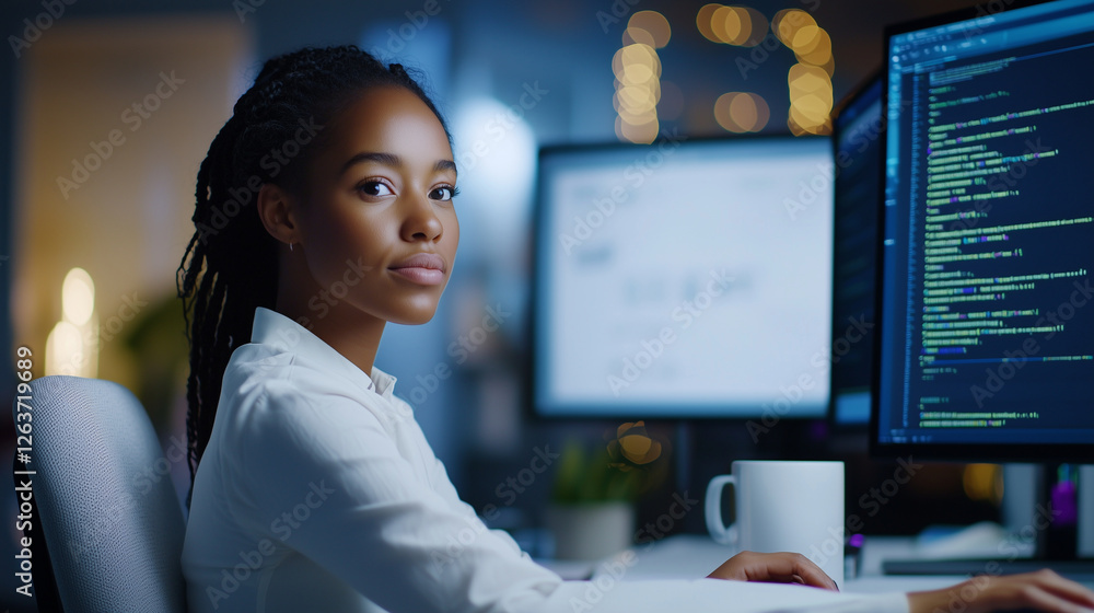Aufkleber young female programmer in modern workspace analyzing code