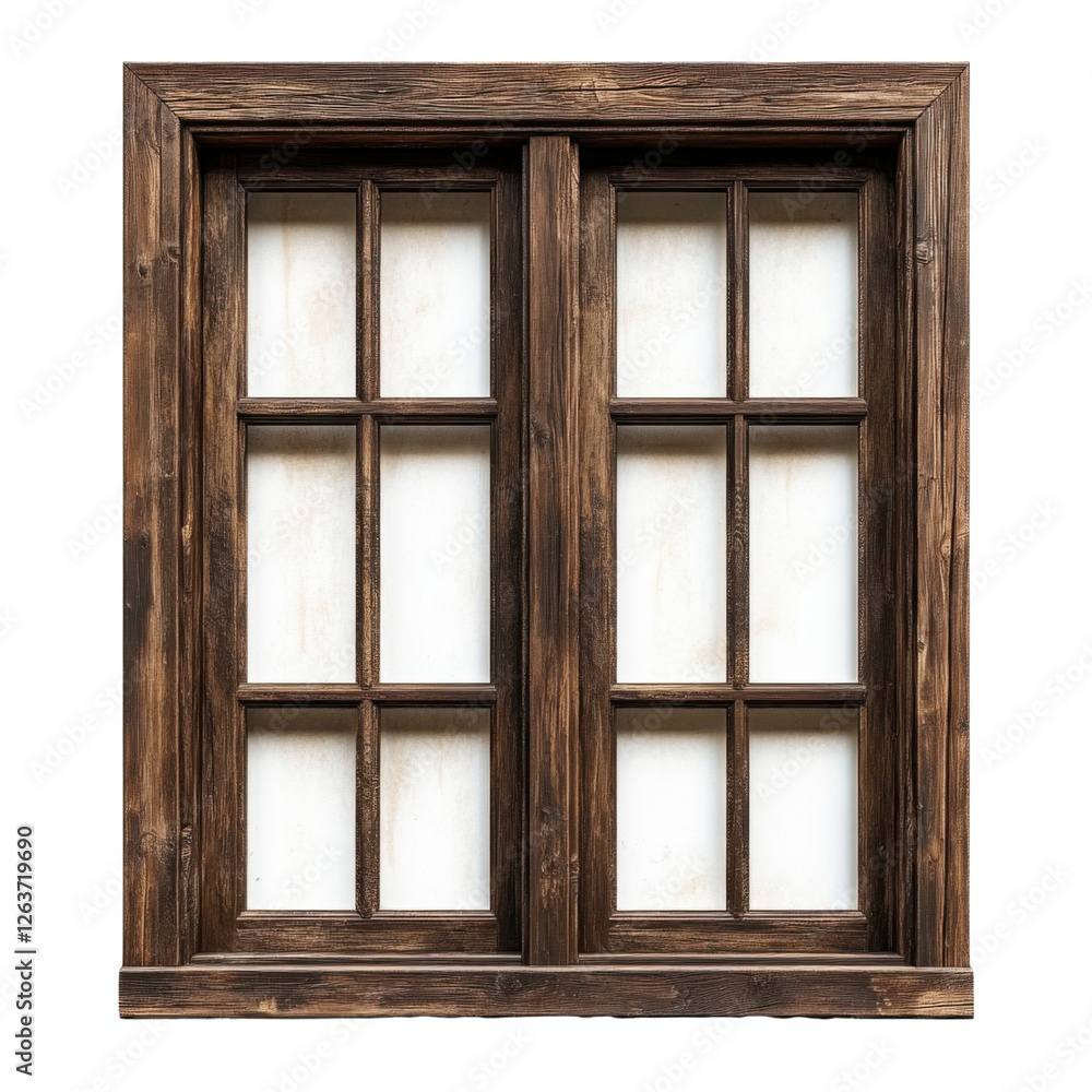 Poster rustic wooden window frame with six panes on a transparent background, showcasing vintage architectu