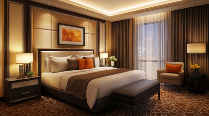 A stylish and expansive modern bedroom, featuring a king-size bed with an elegant headboard, contemporary furnishings, and a harmonious warm color palette