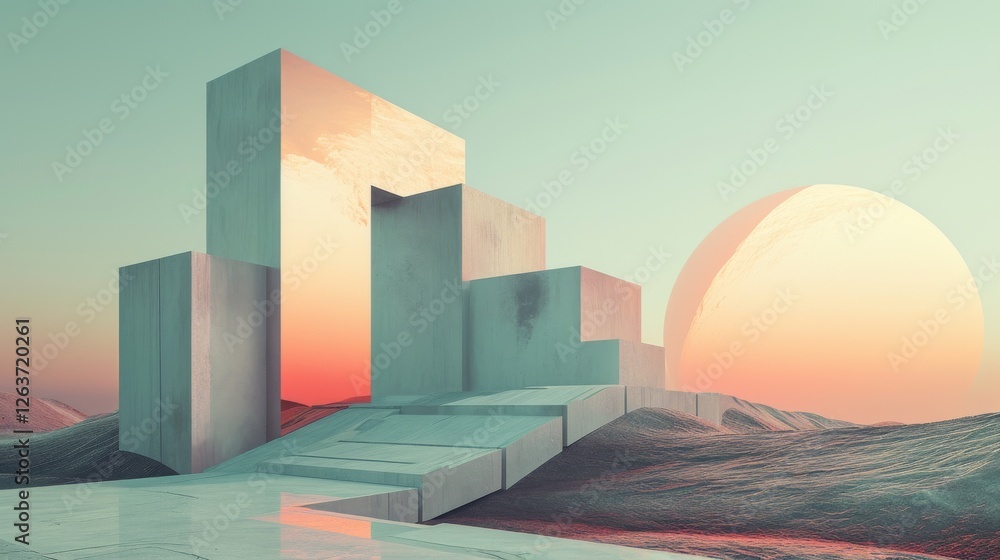 Poster abstract geometric buildings in a desert with a glowing celestial body in the backdrop, creating a s