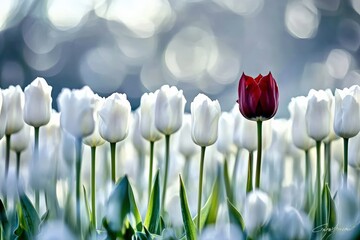 Fototapeta premium A striking red tulip stands out among a field of white tulips
