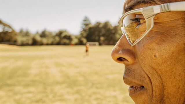 A closeup shot of an older athlete in a sports field with smart glasses displaying hydration levels and weather conditions highlighting the integration of technology and physical