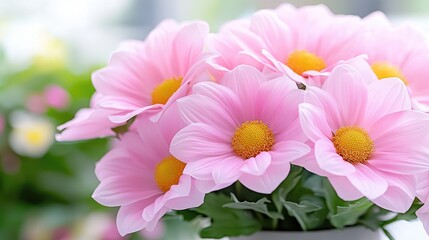 Fototapeta premium Pink flowers bouquet, close-up, soft focus, indoors. Possible use Greeting card, wallpaper, poster