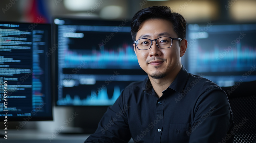 Aufkleber modern workspace with asian technology analyst and blockchain dashboards