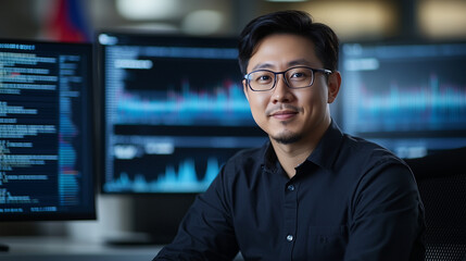 Fototapeta premium Modern Workspace with Asian Technology Analyst and Blockchain Dashboards