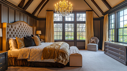 OAK PARK, IL, USA - NOVEMBER 14, 2020: A grand luxury bedroom highlighted by a dazzling gold chandelier hanging from vaulted ceilings, a plush king-size bed, and soft carpet flooring throughout
