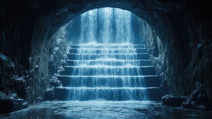 Waterfall cascading down stone steps in a dark cave.  Possible use for wallpaper, nature photography