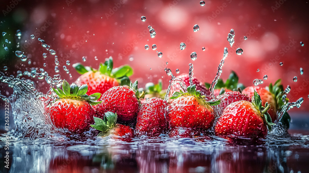 Canvas Prints Fresh strawberries bathed in splashing water, showcasing vibrant colors against a blurred reddish background and reflective surface.