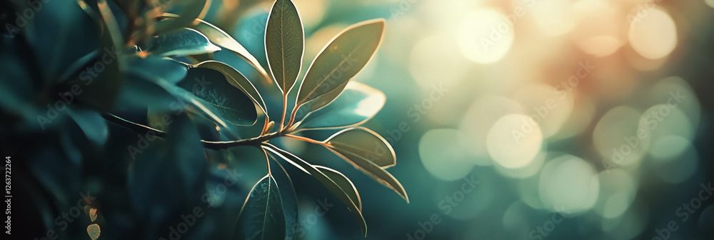 Poster soft round bokeh with warm golden hue creating a tranquil atmosphere in nature