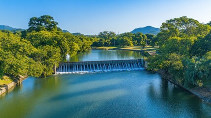 Tranquil Reservoir with Waterfall Surrounded by Lush Greenery