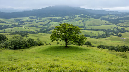 Lone tree on hilltop, green valley, mountain background, scenic landscape, nature photography