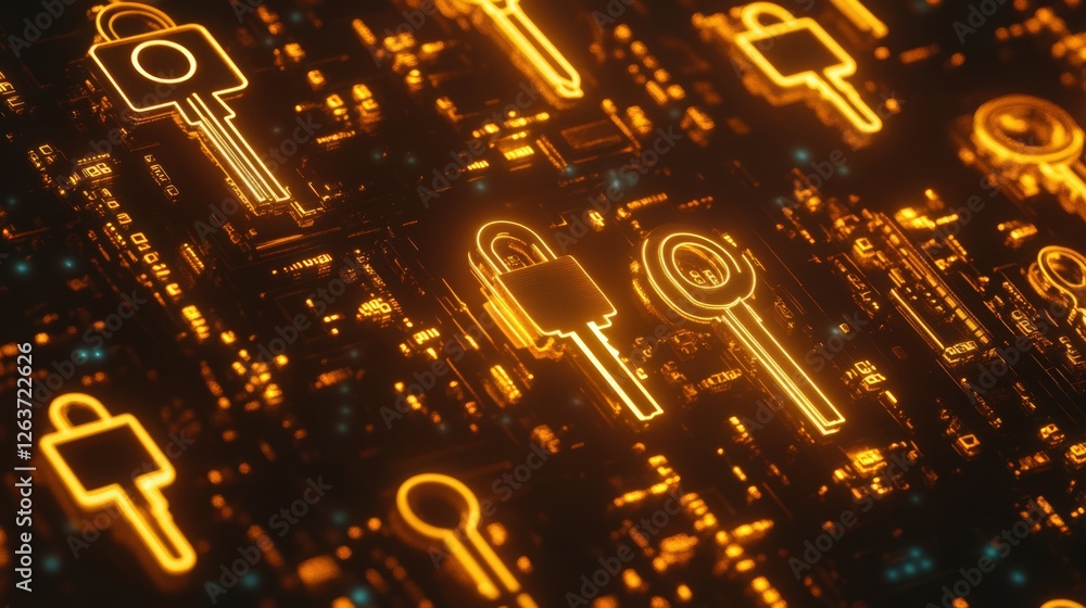 Poster digital security concept: glowing keys and padlocks on circuit board