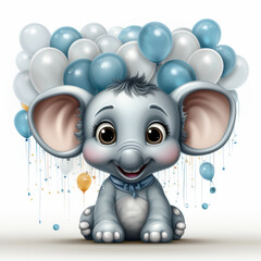 Cute cartoon elephant with balloons, joyful expression, colorful design, playful atmosphere, perfect for children themes, celebrations, or party decorations