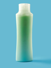 A bottle of ocean earth green soap with a white cap. The bottle is tall and slender. The blue liquid inside the bottle is clear and colorless. Ocean blue background. Health and beauty product.