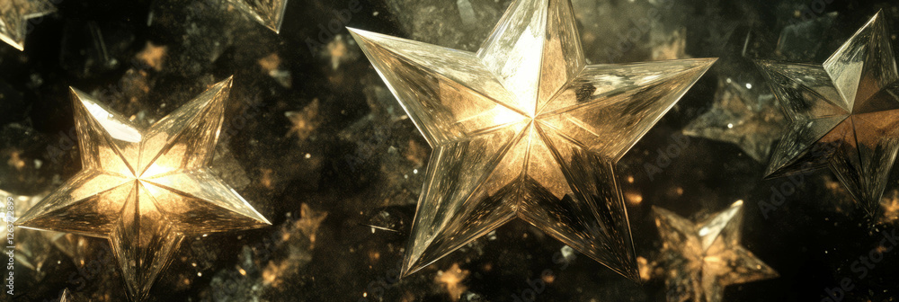 Poster star-shaped crystal flares with sharp points and glowing central cores create an enchanting display