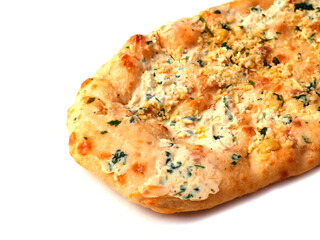 Flat sour dough bread with four cheeses on white background. Tasty food. Italian style dish with high quality ingredients, Bakery product.
