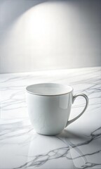 Elegant white cup on a marble surface with soft lighting and minimalist style