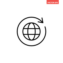 Black round globe with sync arrow path line icon, simple flat design vector pictogram, infographic vector for app logo label web button banner ui ux interface elements isolated on white background