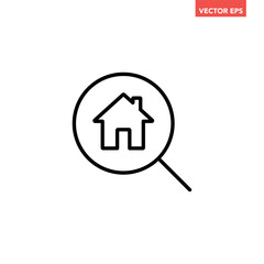 Black single house search line icon, simple search home glass flat design vector pictogram, infographic vector for app logo web button banner ui ux interface elements isolated on white background