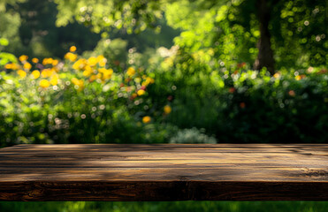 serene wooden table top with blurred garden background filled with vibrant flowers and greenery, creating peaceful atmosphere