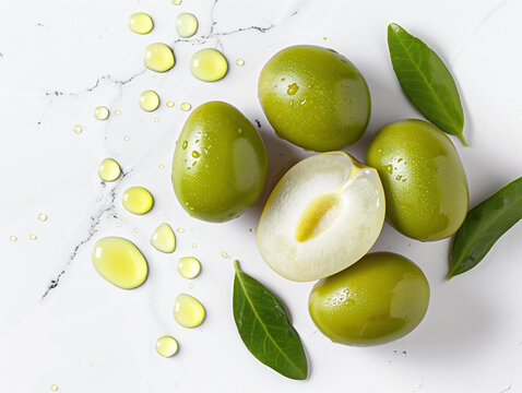 Green Kakadu Plums and Skincare Oil on Luxury Marble Background &sbquo;&Auml;&igrave; Natural Beauty and Wellness Concept