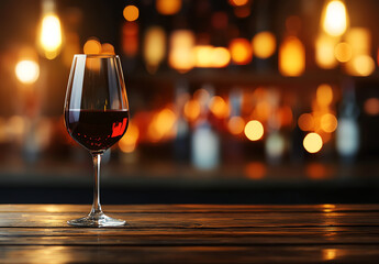 glass of red wine on wooden table with blurred bar background, creating warm and inviting atmosphere. Perfect for relaxation and enjoyment