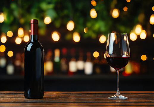 bottle of red wine and glass of wine on wooden table, with blurred background of warm lights and bottles, creating cozy atmosphere for relaxation