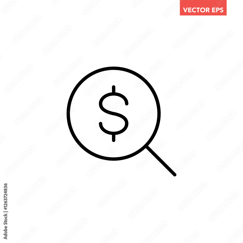 Poster black find best offer price magnifying glass line icon, simple flat design currency search data surv