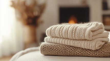 Cozy knitted sweaters stacked on a soft surface near a warm fireplace in a serene living room setting during autumn. Generative AI