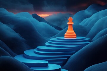 An orange chess piece stands prominently atop blue layered platforms against a cloudy, colorful sky, creating a striking visual contrast