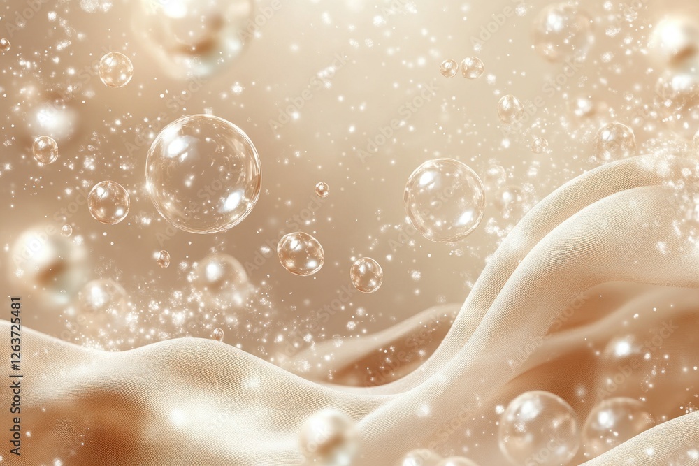 Poster a soft beige backdrop features delicate bubbles floating above a textured fabric, providing a serene