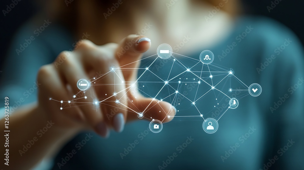 Poster woman's finger interacts with a digital network interface, showing interconnected icons representing