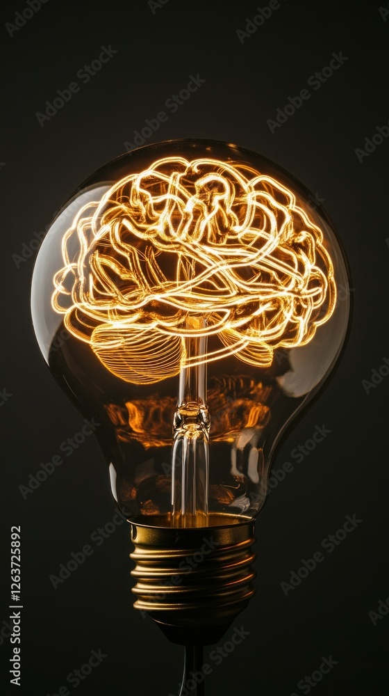 Poster intricate glowing filament shaped like a brain illuminates inside a stylized light bulb against a da
