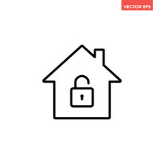 Black single unlock house protection line icon, simple released safe house defence flat design concept vector for app ads web banner button ui ux interface elements isolated on white background