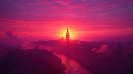 Obraz premium Cityscape sunrise, pink sky, river, fog, spire, aerial view, postcard