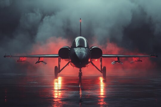 A sleek futuristic fighter jet stands at attention amidst swirling clouds, illuminated by vibrant red lights, creating an intense atmosphere