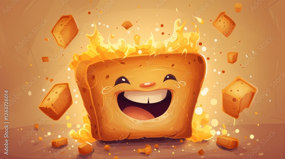 Poster cheerful animated slice of toast with a big smile surrounded by glowing flames and flying bread crum