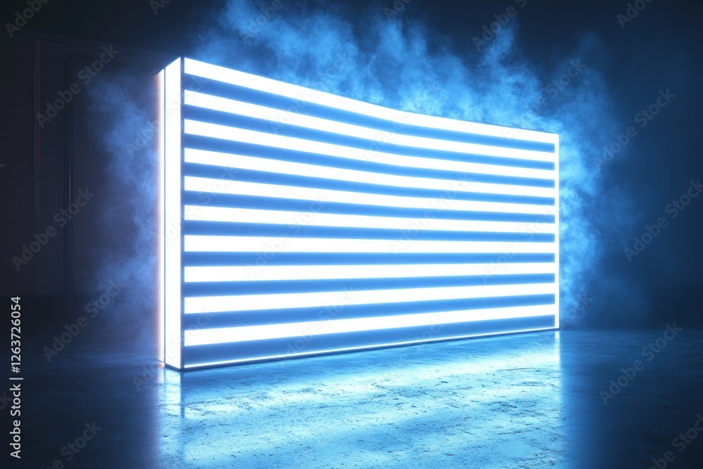 Poster bright rectangular light box with white stripes glows in a dim, smoky setting, creating a striking v