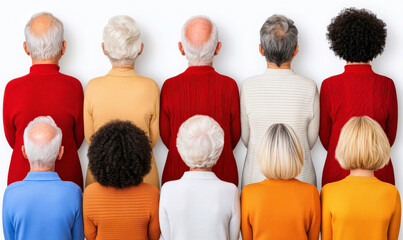 Fototapeta premium Group of Diverse Senior People Standing in a Line with Colorful Sweaters Against a Plain White Background Illustrating Unity and Longevity